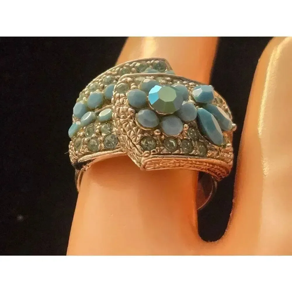 Women's Vintage Size 8.5 Blue Rhinestone & Beaded Adjustable Silver Tone Ring